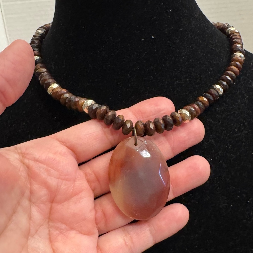 Vintage COOKIE LEE Brown Bronzed Oval Pendant Beaded Brown Necklace Boho Jewelry